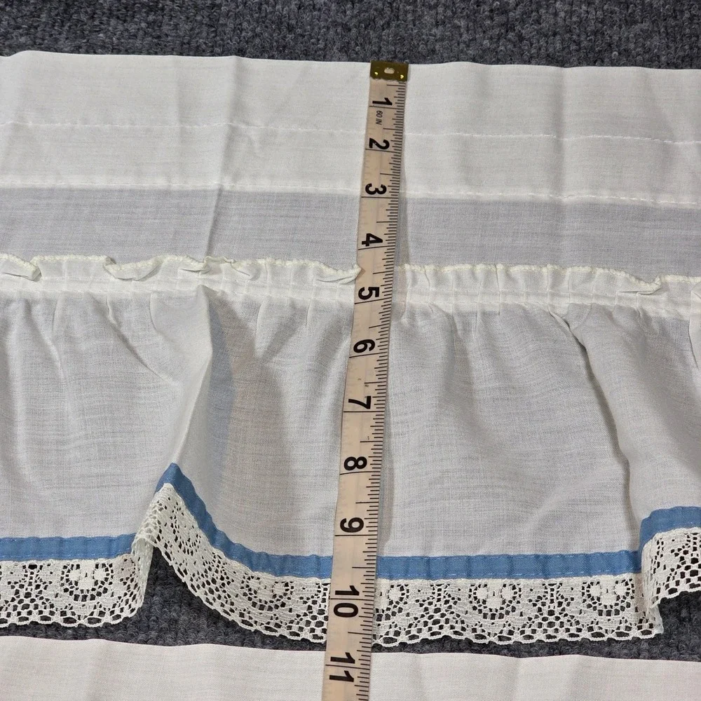 Vintage White Ruffled Lace Valance Set of 3 Blue Ribbon Trim Made in USA 45x10.5